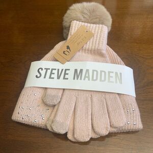 STEVE MADDEN Women’s Pom-Pom Rhinestone Hat with Gloves Set Comfort Warm New